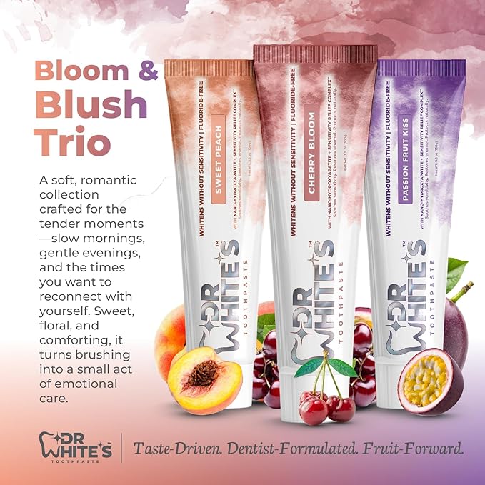 Dr. White’s Signature Flavor Trio – Bloom & Blush | Fluoride-Free Toothpaste with Nano-Hydroxyapatite, Sensitivity Relief, Mint-Free (3-Pack)