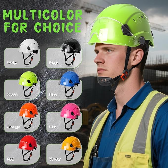 AOLAMEGS ABS Safety Hard Hat - ANSI Z89.1 Approved Safety Helmet with Visor Adjustable Vented Hardhat for Men Women Adults Safety Hardhats for Industrial Construction Work (Bright Yellow Clear Visor)-StrideForce Fitness