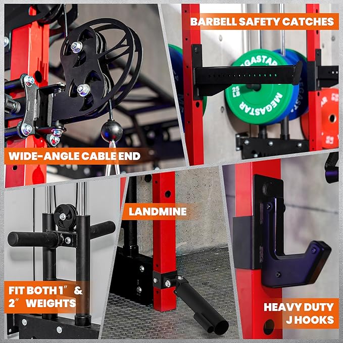 Wall Mounted Power Rack – 1600LB Capacity Compact Commercial Home Gym with Dual Cable Crossover, LAT Pulldown, Multi-Grip Pull-Up Bar & Landmine Attachment for Small Spaces, P67 Striker Red-StrideForce Fitness