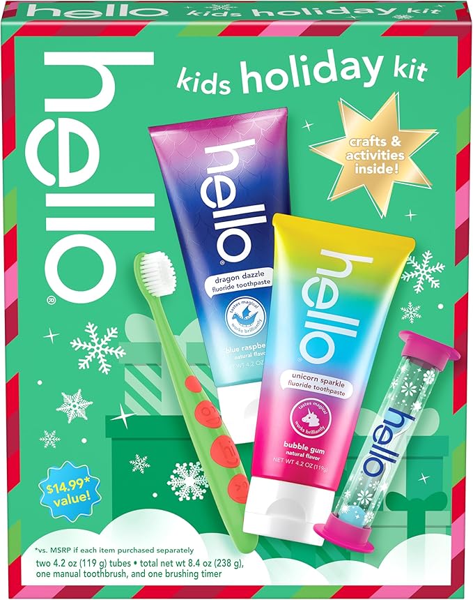 Hello Kids Toothbrush and Kids Toothpaste with Fluoride Holiday Gift Set, for Ages 3 and Older, Includes Bubblegum and Blue Raspberry Flavored Toothpastes, an Hourglass Timer, and Fun Holiday Crafts