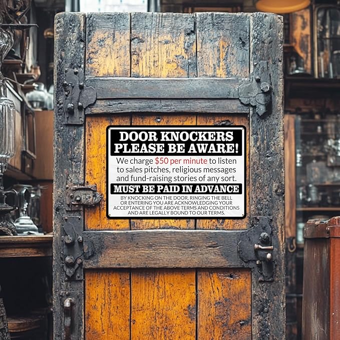 No Soliciting Sign for House Front Door - Funny Metal Tin Signs Room Decor Door Knockers Please Be Aware Warning Yard Sign, Home Bedroom Wall Art Decorations 8x12 Inch-StrideForce Fitness