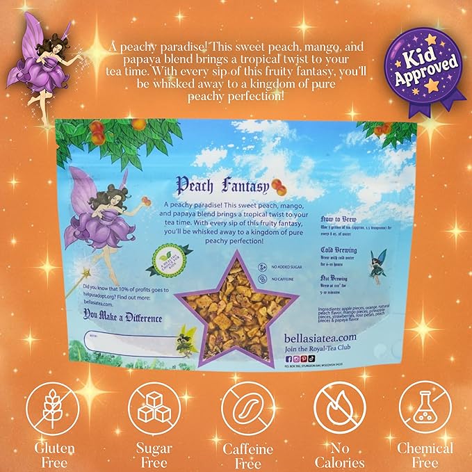 Bellasia Tea Peach Fantasy for Kids Using Real Fruit Pieces - Caffeine Free Herbal Tea Blend with Real Ingredients & Balanced Flavor- Add Loose Leaf Tea to Your Child’s Routine for A Fun & Tasty Drink. 20-25 Cups-StrideForce Fitness
