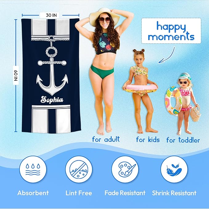 JML Personalized Beach Towel with Name, Custom Anchor Beach Towel, Customized Microfiber Pool Towel, Quick Dry & Absorbent Swim Towel for Adult,Anniversary, Birthday, Summer Holiday,Vacation-StrideForce Fitness