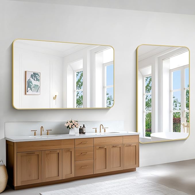 Gold Bathroom Mirror,60x36 inch Wall Mirror for Bathroom Wall Mounted,Round Rectangle Mirror for Bathroom Over Sink,Modern Frame for Home Decor Living Room,Bedroom Entryway,Horizontal/Vertical-StrideForce Fitness