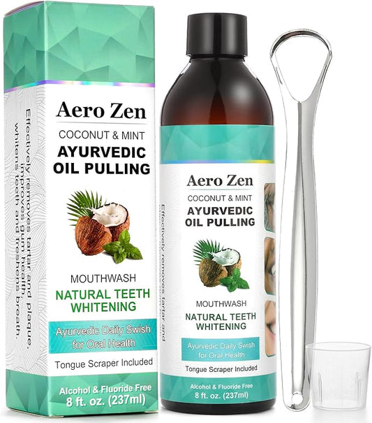Coconut Oil Pulling Mouthwash with Peppermint - Alcohol-Free Oral Care - Fresh Breath Solution - Organic Essential Oils Formula with Tongue Scraper - Gum Health Treatment - 237ML