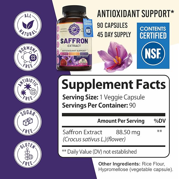100% Pure Saffron Extract - Supports Weight and Appetite Health, Mood, Focus, Memory, Digestion, Eye, Skin and Brain Health. NSF Certified Saffron Supplements for Women and Men, 45-Day Supply.-StrideForce Fitness