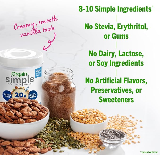Orgain Organic Simple Vegan Protein Powder, Vanilla - 20g Plant Based Protein, Made with less Ingredients, No Artificial Sweeteners, Gluten Free, No Dairy or Lactose, 1.25 lb (Packaging May Vary)-StrideForce Fitness