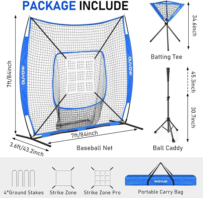 7x7 ft Baseball Net for Batting Pitching Hitting, Softball Pitching Net with Strike Zone, Tee, Ball Caddy, Softball Batting Net Baseball Training Equipment for Kids Adult Youth Sport Practice-StrideForce Fitness