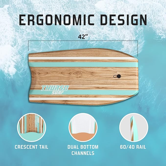 THURSO SURF Quill 42'' Bodyboard Lightweight Durable EPS Core IXPE Deck HDPE Slick Bottom FRP Stringer Crescent Tail Dual Channel Plastic Mesh with Double Stainless Steel Swivel Coiled Wrist Leash-StrideForce Fitness