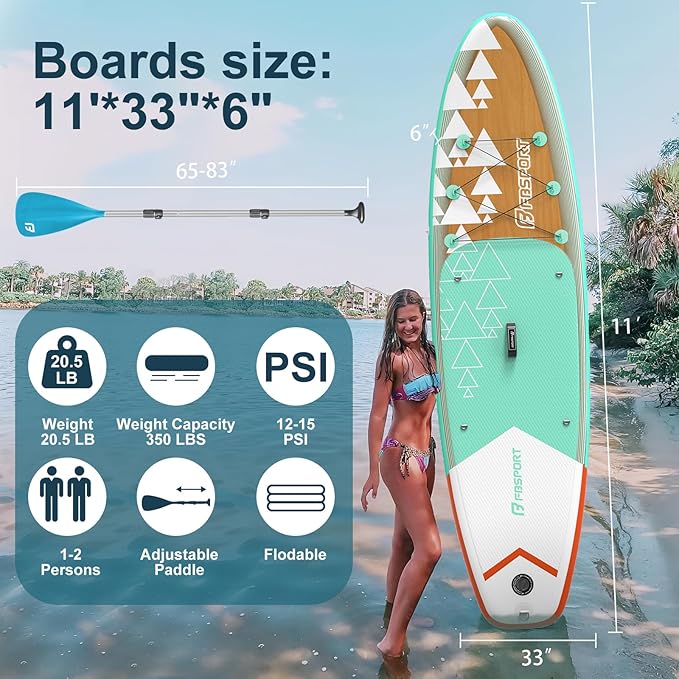 FBSPORT 11' Premium Stand Up Paddle Board, Yoga Board with Durable SUP Accessories & Carry Bag | Wide Stance, Surf Control, Non-Slip Deck, Leash, Paddle and Pump for Youth & Adult-StrideForce Fitness