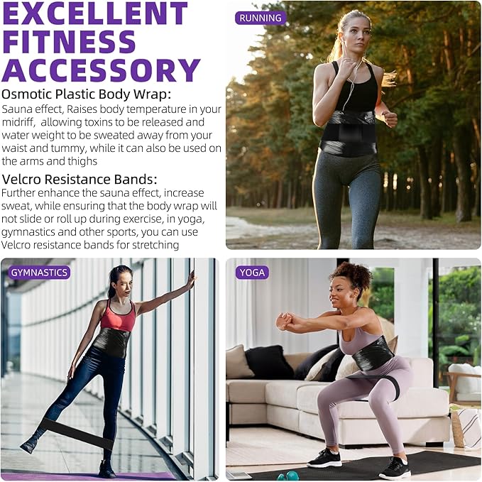 4 Rolls 60 Meters Black Osmotic Plastic Body Wrap Exercise & Fitness Sweat Enhancer Anti-Shedding Yoga Training Band Set, DIY Sauna Wrap Pilates Workout-StrideForce Fitness