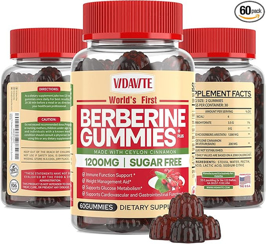 Berberine with Ceylon Cinnamon Gummies — Sugar-free, 98% Pure & 10x Absorption — 1200mg HCL Organic Berberine Supplement for Weight Management, Immunity, Metabolic & Digestive Health(30 Days)-StrideForce Fitness