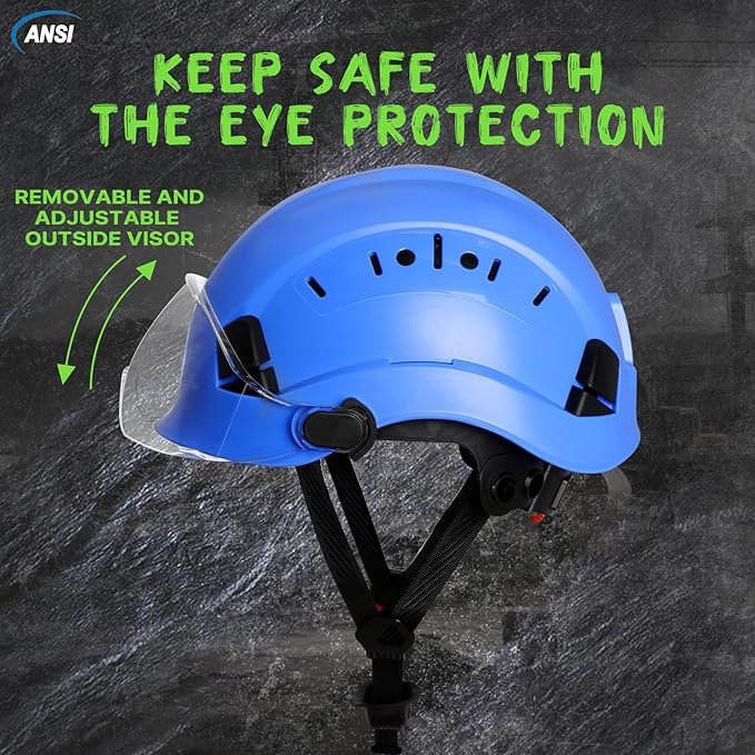 AOLAMEGS Construction Blue Hard Hats - Adjustable Vented Hard Hat with Visor for Men Women ABS Safety Helmet 6-Point Suspension Work Safety Helmet for Outdoor Height Industrial (with Clear Visor)-StrideForce Fitness