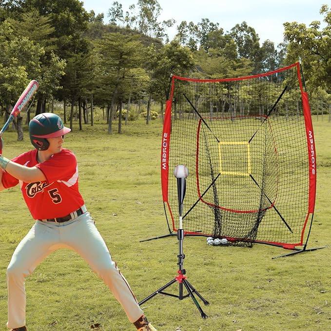 Storgem Baseball and Softball Practice Net 7×7ft Portable Hitting Pitching Batting Training Net Baseball Backstop Net with Batting Tee and Strike Zone and Bow Frame-StrideForce Fitness