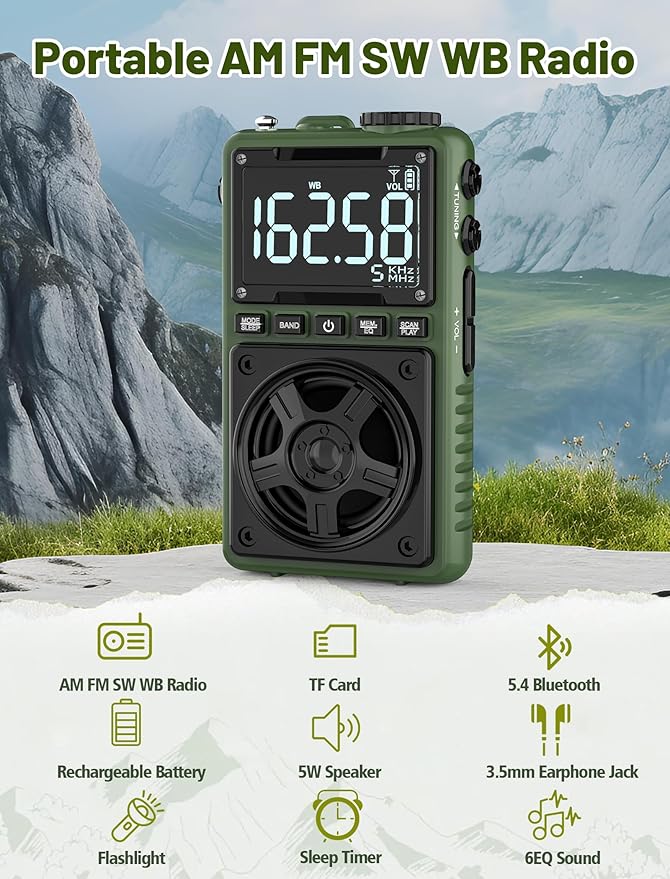 Bluetooth AM FM Shortwave Radio with NOAA Weather Alert,1250mAh Rechargeable Portable Pocket Radio with Best Reception,5W Big Speaker, Digital Tuner and Earphone,Support SD Card and USB MP3 Player-StrideForce Fitness
