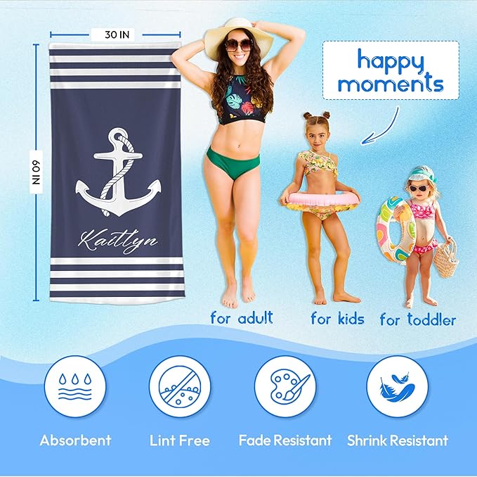 JML Personalized Beach Towel with Name, Custom Anchor Beach Towel, Customized Microfiber Pool Towel, Quick Dry & Absorbent Swim Towel for Adult,Anniversary, Birthday, Summer Holiday,Vacation-StrideForce Fitness
