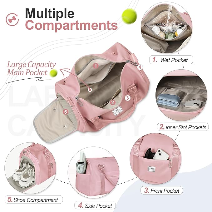 FIORETTO Womens Gym Tote Duffle Bag with Wet Pocket & Shoe Compartment, Sports Duffel Overnight Weekender Hospital Workout Carry on Bag for Girls, Ideal for Travel, Swimming, Dance, Ballet Pink-StrideForce Fitness