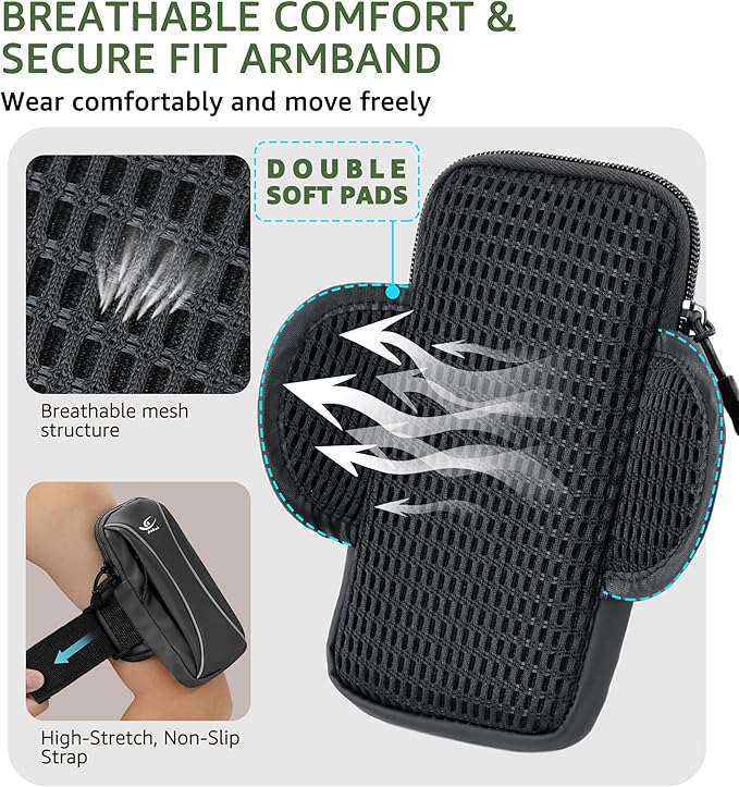 HiRui Arm Bag & Wrist Bag Phone Holder, Sports Running Armband for Gym, Cycling & Workout, Compatible with iPhone 16/15/14 Series, Samsung Galaxy & More, Reflective, Adjustable, Secure Fit (Black)-StrideForce Fitness