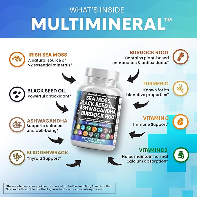 Clean Nutraceuticals Sea Moss Black Seed Oil Ashwagandha Turmeric Bladderwrack Burdock & Vitamin C Vitamin D3 with Elderberry Manuka Dandelion Yellow Dock Iodine Chlorophyll ACV-StrideForce Fitness
