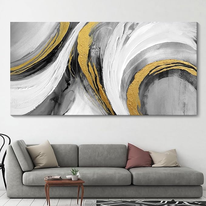 Large Abstract Wall Art - Modern Black White Gold Tones Hand Drawn Textures Ink Graffiti Canvas Painting Artwork for Home Bedroom Living Room Office Hallway Bed Above Decor 29"X58"-StrideForce Fitness