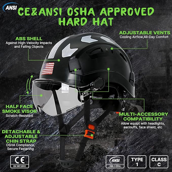 AOLAMEGS Construction Safety Hard Hat - ANSI Z89.1 Type Ι OSHA Approved Safety Helmets with Chin Straps Lightweight Reflective Vented ABS Hard Hats For Men Women Industrial Workwear 6-point Suspension-StrideForce Fitness