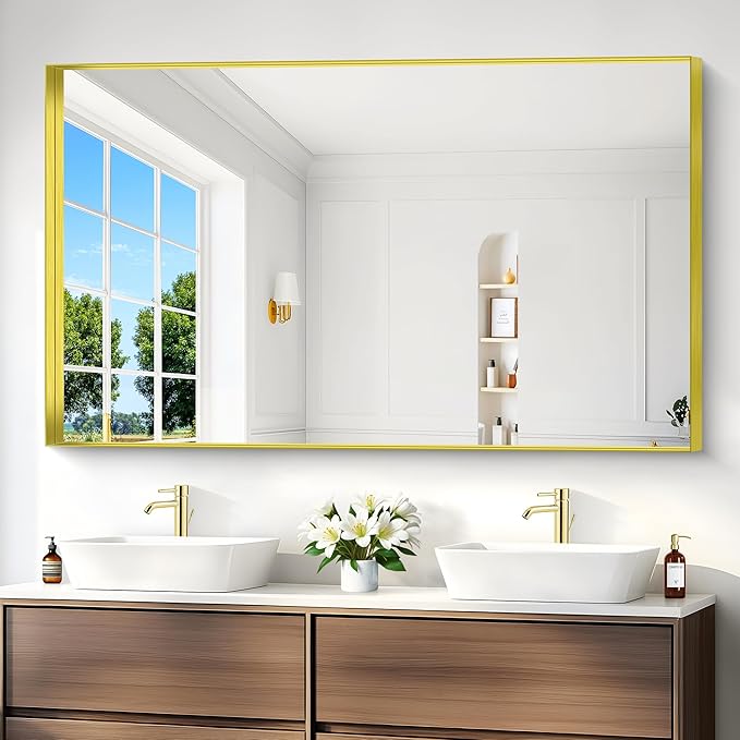 Gold Bathroom Mirror, 36x60 Inch Rectangular Deep Frame Mirror, Large Wall Mounted Bathroom Vanity Mirror Over Sink for Bedroom,Restroom, Living Room, Hangs Vertically or Horizontally-StrideForce Fitness