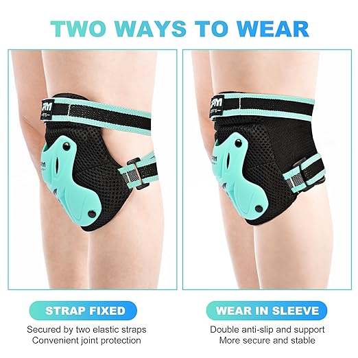 2PM SPORTS Knee Pads for Kids, Wrist Guards Knee and Elbow Pads Set with Drawstring Bag, Protective Gear Set for Girls Boys Roller Skating Cycling Skateboard - Mint Small-StrideForce Fitness