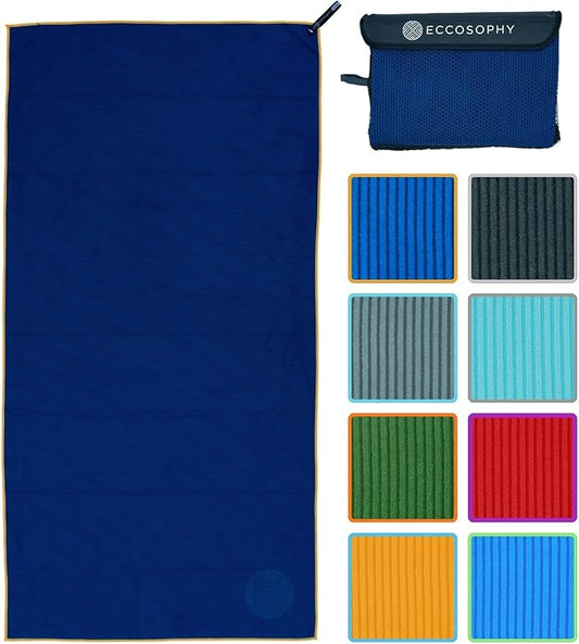 ECCOSOPHY Microfiber Beach Towel – Quick Dry Gym Towel, Highly Absorbent with Ribbed Texture, Lightweight – Ideal for Travel, Pool, Yoga, Fitness & Outdoor Adventures – 71x35 Navy-StrideForce Fitness