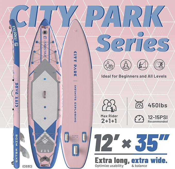 City Park 12'×35" Extra Wide Paddle Board with Seat, One-Stop Premium SUP Board Gears, Tailored 5 Fins, Stable Inflatable Stand Up Paddle Boards for Youth/Adults of All Levels-StrideForce Fitness