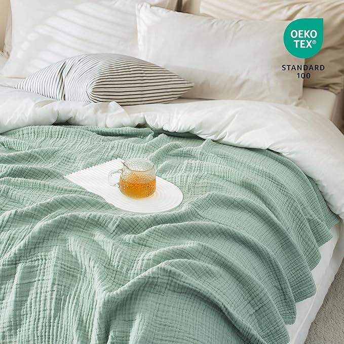 Carriediosa 100% Cotton Muslin Throw Blanket 50" X 70" Throw XL Size，4-Layers Summer Gauze Throws for Bed Couch，Soft Lightweight Breathable Linen Blankets Bedspread for Adults All Season，Sage Green-StrideForce Fitness