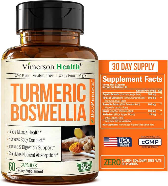 Turmeric Supplement with 65% Boswellia Extract Capsules - Turmeric Curcumin Supplement 95% Curcuminoids - Boswellia Serrata, Black Pepper, Organic Turmeric and Ginger Root Capsules - 60 Tumeric Caps-StrideForce Fitness