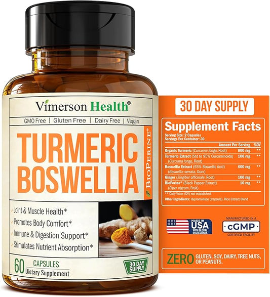 Turmeric Supplement with 65% Boswellia Extract Capsules - Turmeric Curcumin Supplement 95% Curcuminoids - Boswellia Serrata, Black Pepper, Organic Turmeric and Ginger Root Capsules - 60 Tumeric Caps-StrideForce Fitness