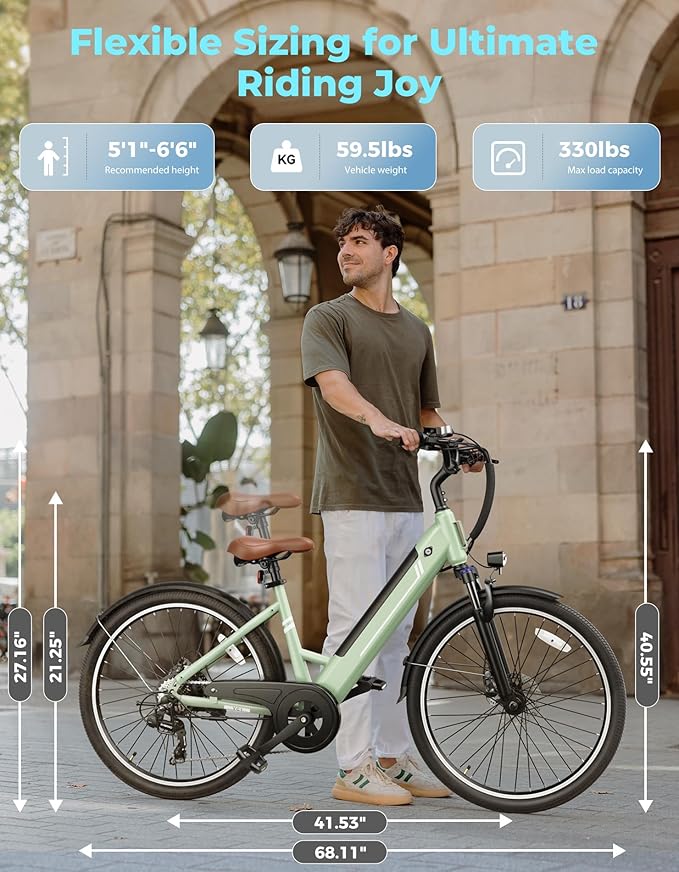 Jasion YC1/ST 26" Electric Bike, 750W Peak Motor, Step-Through Ebike for Adults, 360WH Removable Battery, Up to 40miles, Max 23MPH Urban Commuter E-Bike, 7 Speeds & Front Suspension-StrideForce Fitness