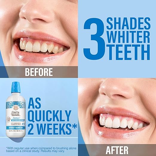 GuruNanda Oxyburst Teeth Whitening Mouthwash – Alcohol & Fluoride Free, with Hydrogen Peroxide & 7 Essential Oils, Value Pack for Regular Use, Wild Mint, 1 Liter/33.8 fl oz