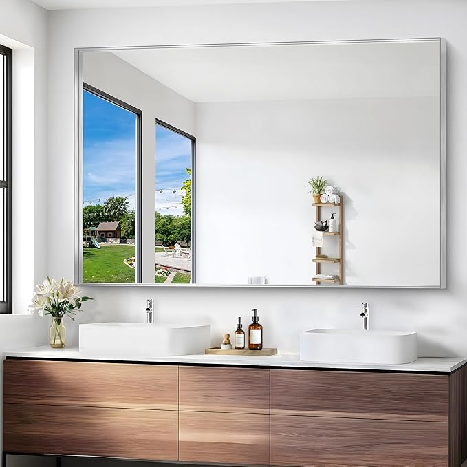 Silver Bathroom Mirror, 60x40 Inch Rectangular Framed Mirror, Large Wall Mounted Bathroom Vanity Mirror Over Sink for Bedroom,Restroom, Living Room, Hangs Vertically or Horizontally-StrideForce Fitness