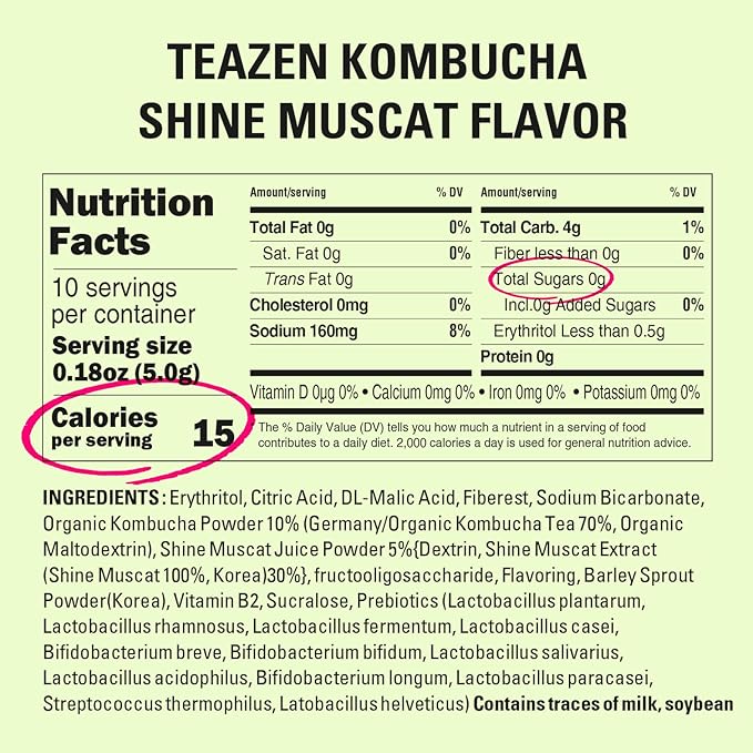 TEAZEN Shine Muscat Kombucha Tea, Electrolyte Powder & Hydration Drink Mix, Sugar Free, Live Probiotics & Prebiotics, 10 Sticks, 1.76oz-StrideForce Fitness