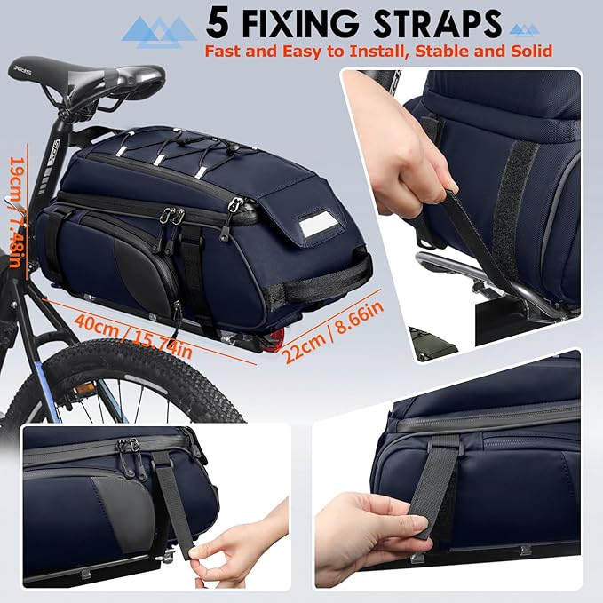 RAINSMORE Bike Bags for Bicycle Rear Rack 15L Waterproof Bike Ebike Trunk Pannier Saddle Bag with Rain Cover Bike Accessories Backpack Shoulder Bag for Commuter Travel Outdoor, Blue-StrideForce Fitness