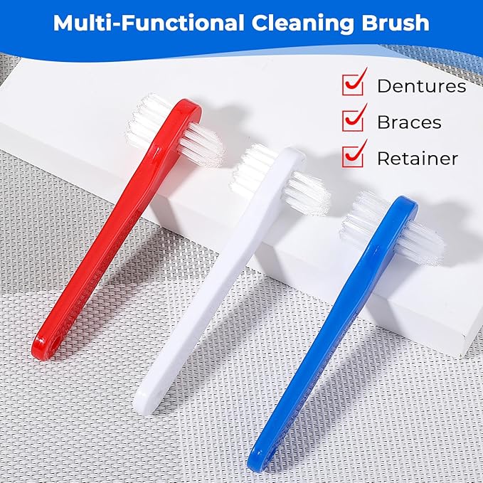 6 Pack Denture Brush, Portable Dual Headed Firm Hard Denture Toothbrush for Bristle, Toothbrush for Dentures, Clear Braces and Mouth Guards (Blue Red White)