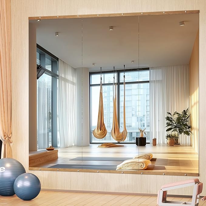 Hasipu 3Pcs 55''x20'' Home Gym Mirror Large Full Length Wall Mounted Full Body Mirror for Yoga Dance Fitness Exercise Studio Bedroom Garage, Frameless Tempered Glass Workout Mirrors Walnut Rectangular-StrideForce Fitness