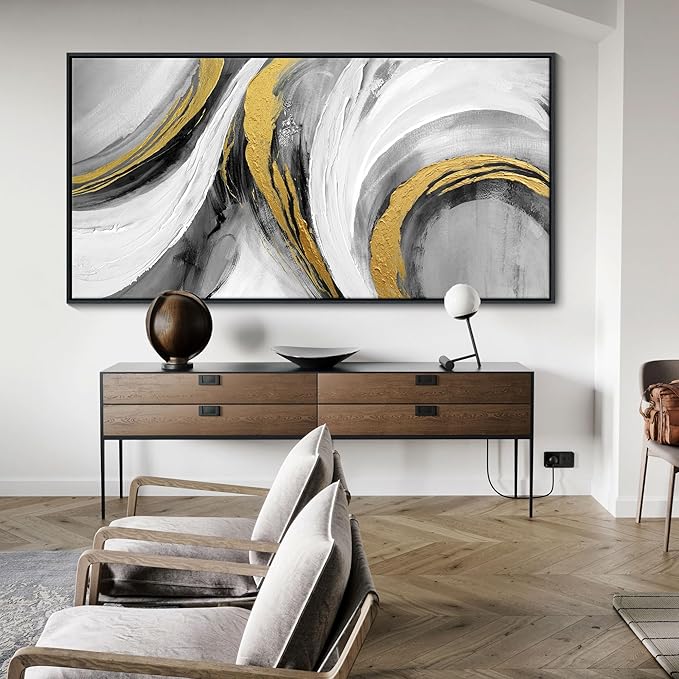 White Gold Wall Art - Abstract Framed Large Size Black White Gold Hand Drawn Textures Artwork Ink Dances With Gold Canvas Painting for Living Room Office Hallway Bed Above Decor 29"X58"-StrideForce Fitness