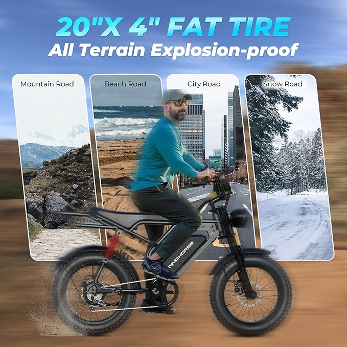 Electric Bike for Adults, 20" Fat Tire EBike 31MPH, 65Miles PAS Range, 1500W Peak Motor Electric Dirt Bike with Long Seat, Rear Rack, 48V 15.6AH Battery All-Terrain Electric Mountain Bike for Off-Road-StrideForce Fitness