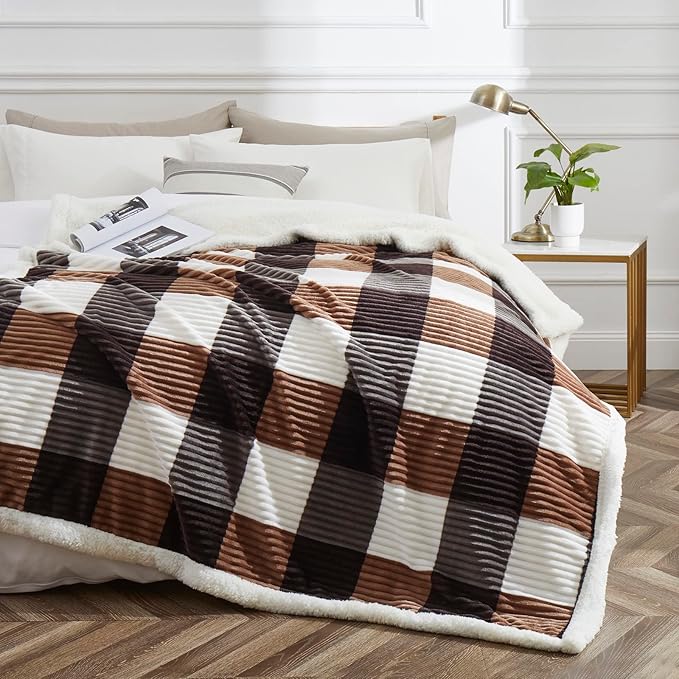 PU MEI Sherpa Blanket Full/Queen Plaid Thick Bed Blanket, 90”*80” Super Soft Flannel Fuzzy Fleece Reversible Velvet Plush Warm Blanket for Couch (Brown-Check, 80"*90")-StrideForce Fitness
