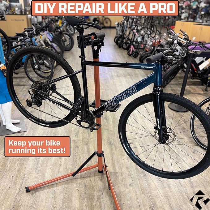 Revere Bike Repair Stand & Storage Bag, Telescoping Arm, Rotating Clamp, Magnetic Tool Tray, and Adjustable Handlebar Rod - Heavy Duty, Sturdy, Adjustable (Orange)-StrideForce Fitness