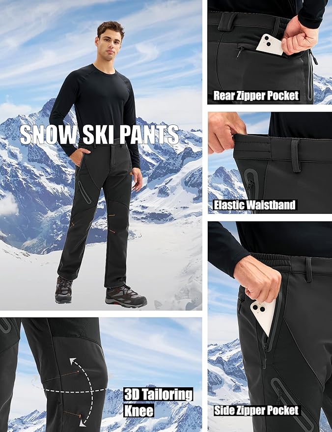 MAGCOMSEN Men's Snow Ski Pants Fleece Lined Water Resistant Winter Pants with 4 Zip Pockets for Snowboard Hiking Outdoor