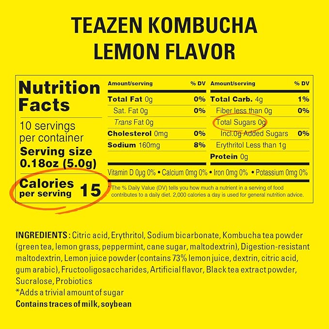TEAZEN Lemon Kombucha Tea, Hydration Drink Mix, Sugar Free, Live Probiotics & Prebiotics, 10 Sticks, 1.76oz-StrideForce Fitness
