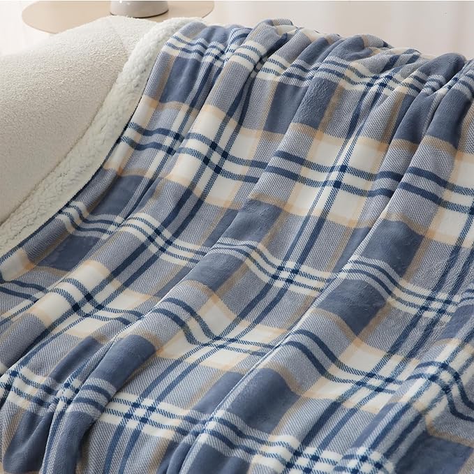 PU MEI Sherpa Blanket Twin Plaid Thick Bed Blanket, 60”*80” Super Soft Flannel Fuzzy Fleece Reversible Velvet Plush Warm Blanket for Couch (Blue White Check)-StrideForce Fitness