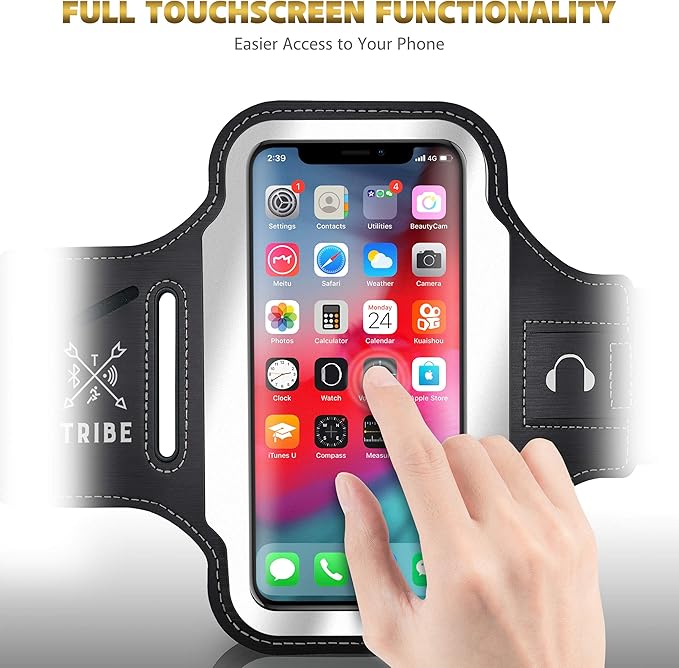 TRIBE Running Phone Holder Armband. iPhone & Galaxy Cell Phone Sports Arm Bands for Women, Men, Runners, Jogging, Walking, Exercise & Gym Workout. Fits All Smartphones. Adjustable Strap, CC/Key Pocket-StrideForce Fitness