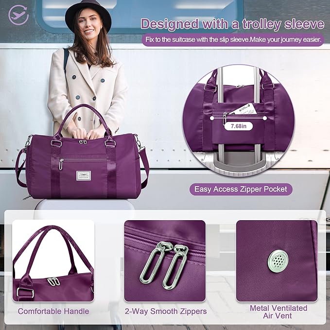 FIORETTO Womens Gym Tote Duffle Bag with Toiletry Bag, Sports Duffel Overnight Hospital Workout Carry on Bag for Girls with Wet Pocket & Shoe Compartment, Ideal for Travel, Swimming, Dance Purple-StrideForce Fitness