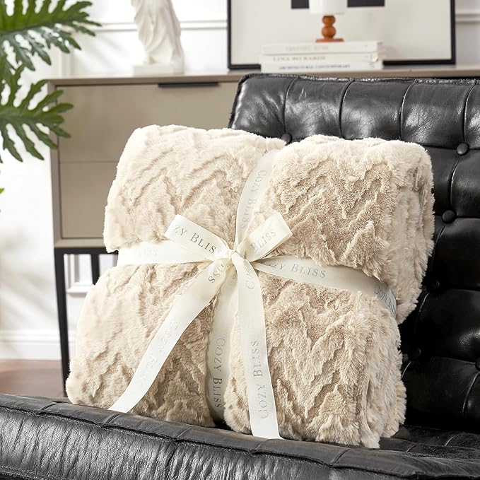 Cozy Bliss Faux Fur Throw Blanket for Couch - Soft Fuzzy Cozy Throw Gift Blankets for Women,Beige Boho Blanket for Sofa Bedroom Living Room.60 * 80 Inches-StrideForce Fitness