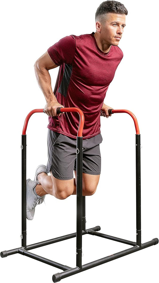 Sunny Health & Fitness Power Tower, Dip Bar, Push-Up & Pull Up Assisting Parallette Station w Optional Rock Climbing Grip Trainer-StrideForce Fitness